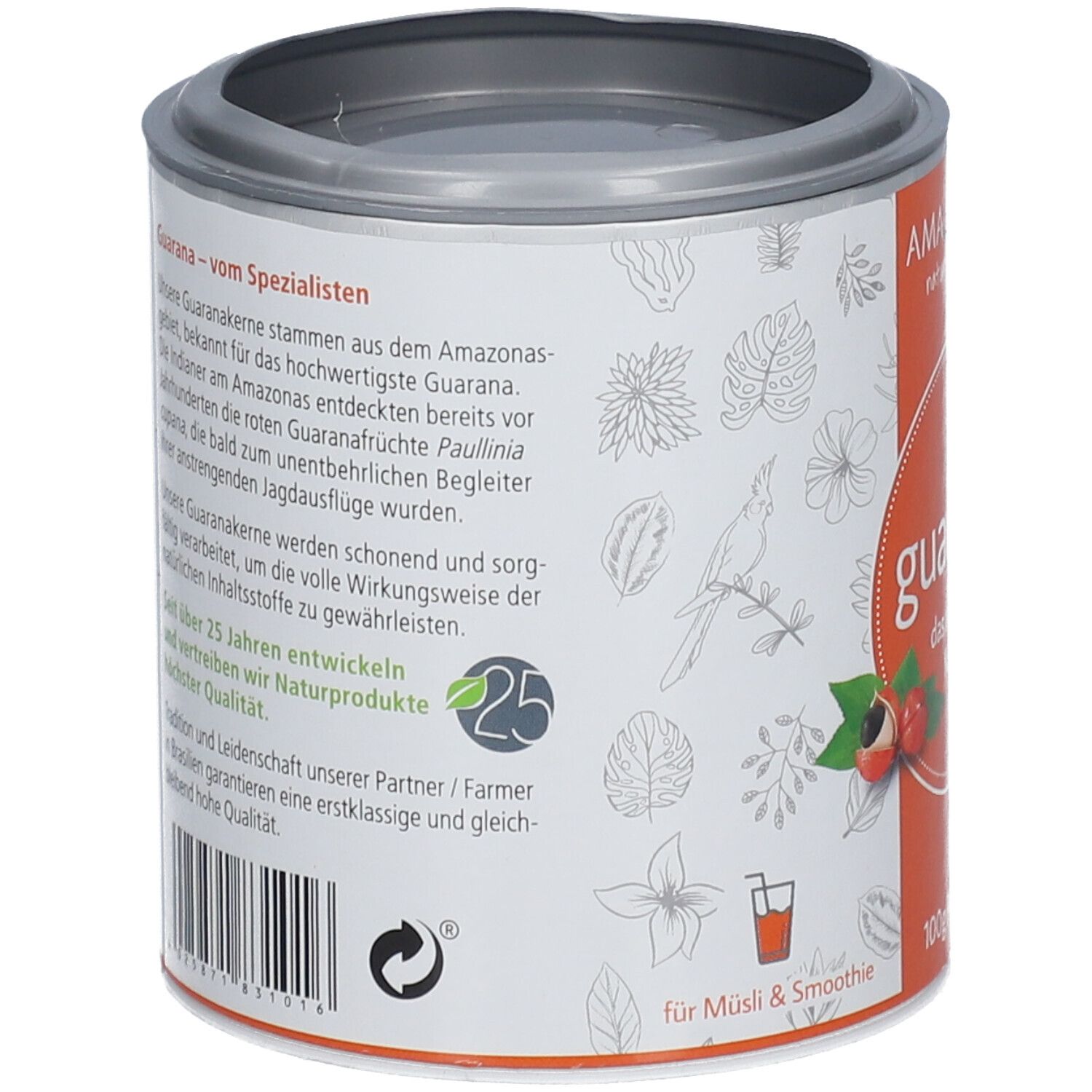 Rückseite einer Dose. Text und Illustrationen. Marke: AMAZONAS. Text über Guarana-Kerne, Herkunft und Qualität. 25 Jahre Erfahrung.