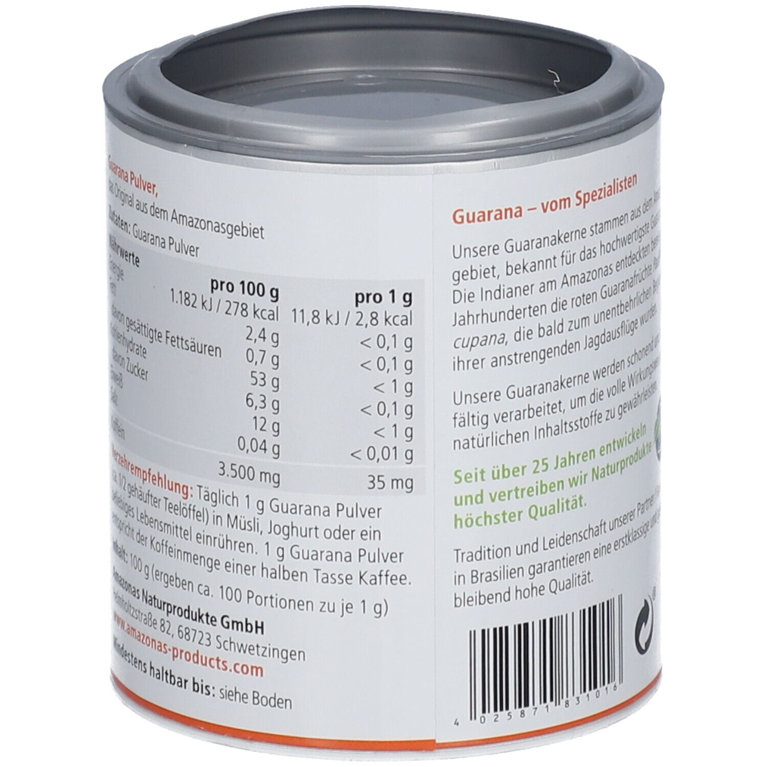 Rückseite einer Dose. Nährwerttabelle und Text. Marke: AMAZONAS. Angaben zu Energie, Fett, Kohlenhydraten, Eiweiß und Salz pro 100g und pro 1g.