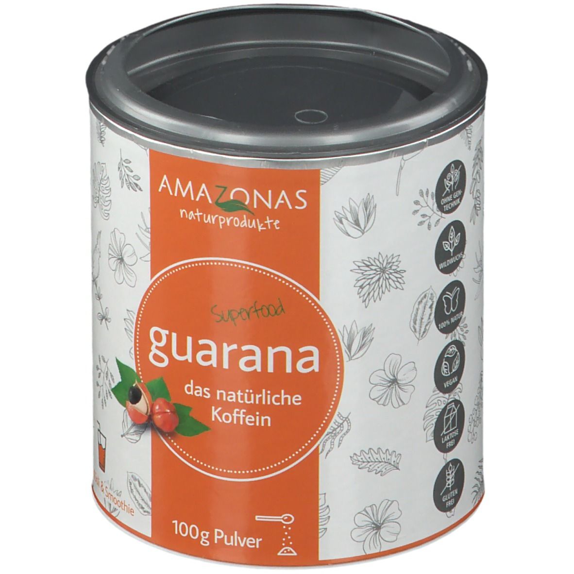 Zylindrische Dose mit Deckel. Aufkleber mit Text und Illustrationen. Marke: AMAZONAS. Aufschrift: Superfood Guarana, das natürliche Koffein. 100g Pulver.