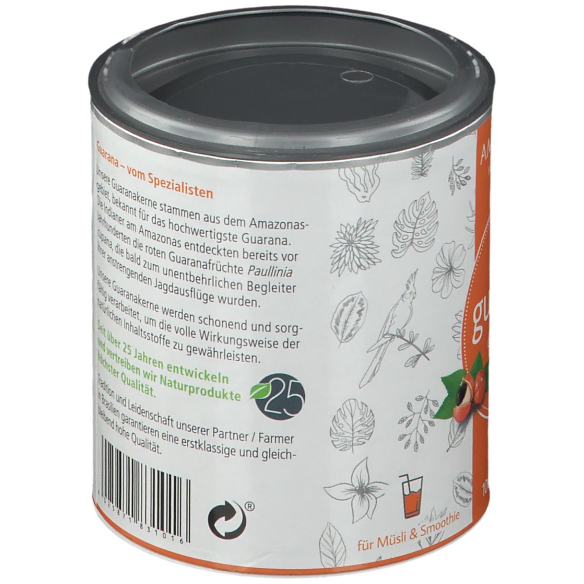 Rückseite einer Dose. Nährwerttabelle und Text. Marke: AMAZONAS. Angaben zu Energie, Fett, Kohlenhydraten, Eiweiß und Salz. Zertifizierungen.