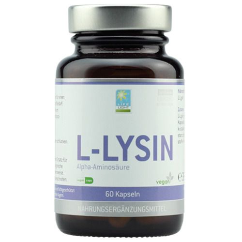 Braune Glasflasche mit silbernem Deckel. Etikett mit "L-LYSIN", "60 Kapseln" und Logo. Vegan-Siegel.