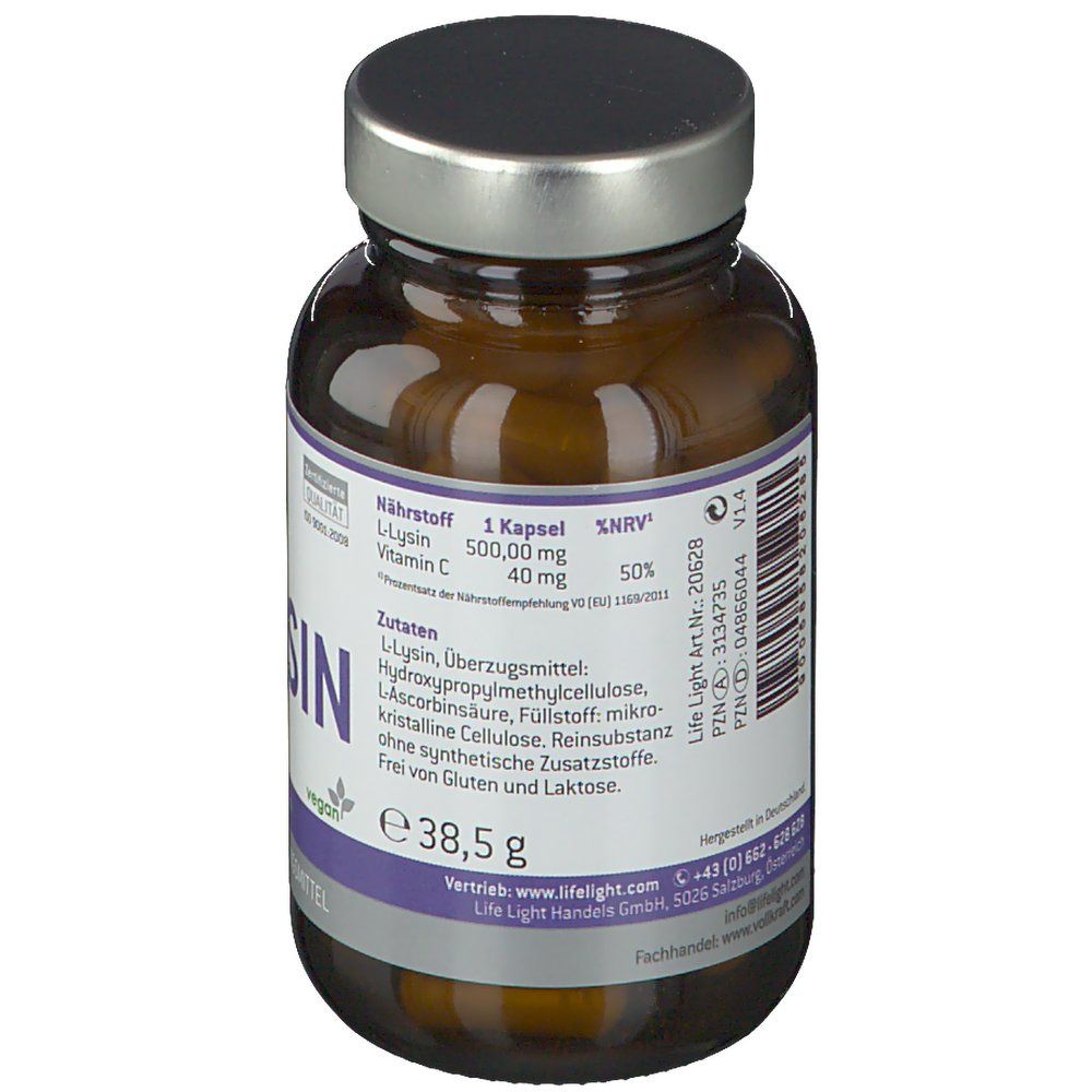 Braune Glasflasche mit silbernem Deckel. Etikett mit Nährwertangaben, "L-Lysin 500,00 mg" und Inhaltsstoffen. Vegan-Siegel.