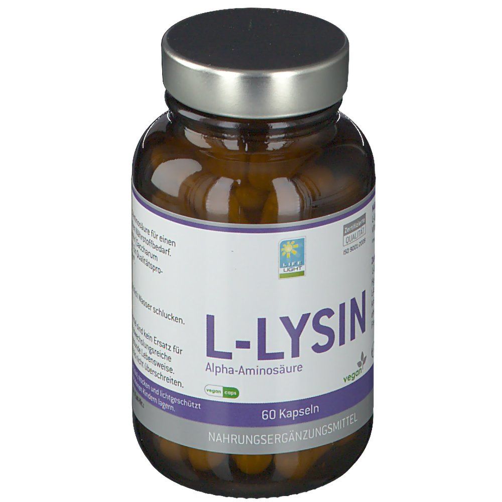 Braune Glasflasche mit silbernem Deckel. Etikett mit "L-LYSIN", "60 Kapseln" und Logo. Vegan-Siegel.