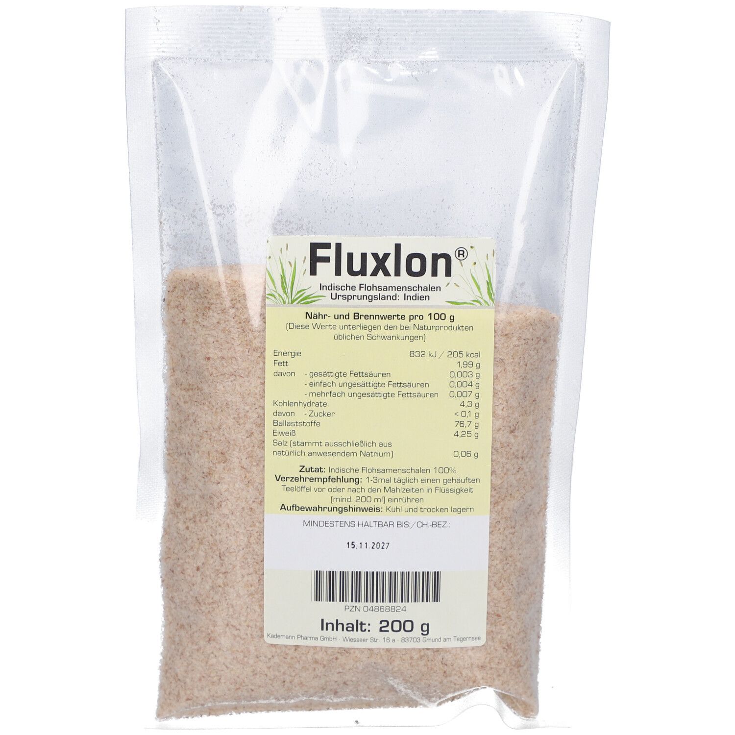 Sachet transparent contenant Fluxlon. Impression avec informations produit et valeurs nutritionnelles. Contenu : 200 g.