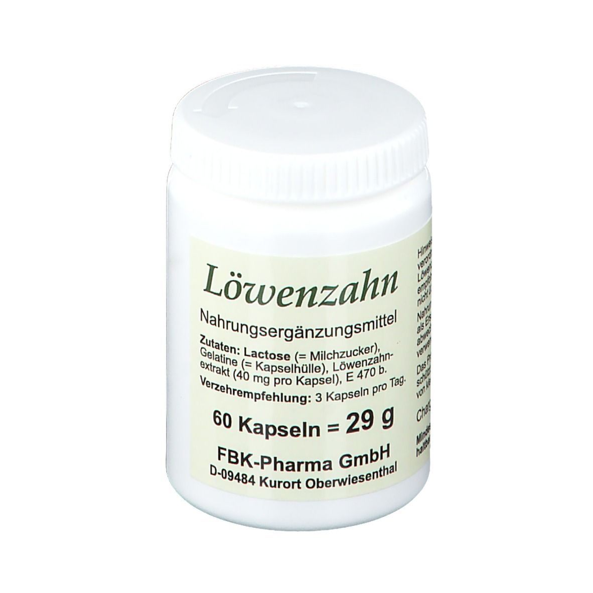 Weißes Pillendose mit 'Löwenzahn' Aufschrift. 60 Kapseln, 29 g. Zutatenliste und Verzehrempfehlung. FBK-Pharma GmbH.