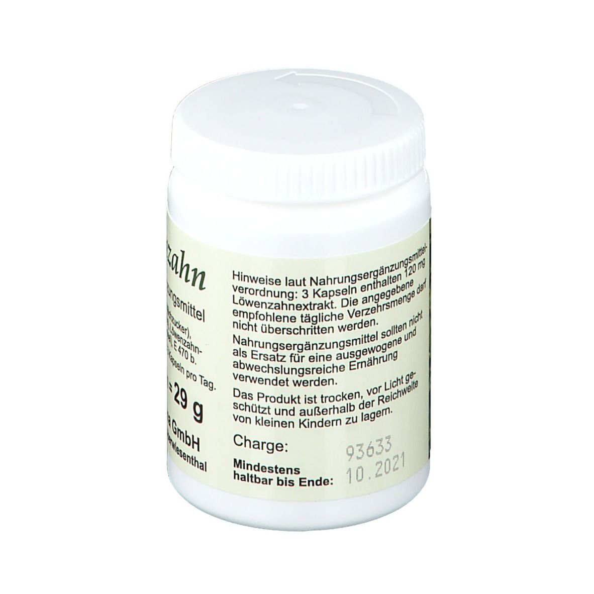 Rückseite der weißen Pillendose 'Löwenzahn'. Hinweise, Charge-Nummer und Mindesthaltbarkeitsdatum: 10.2021.