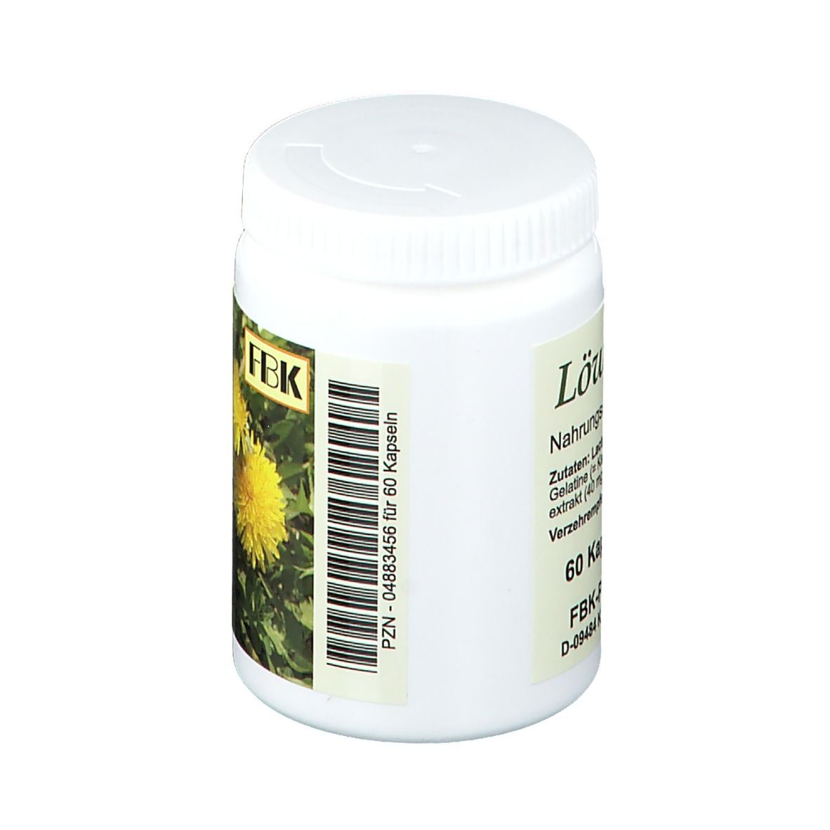 Weiße Pillendose 'Löwenzahn'. FBK-Logo und PZN-Nummer. 60 Kapseln. Zutatenliste und Verzehrempfehlung. FBK-Pharma GmbH.