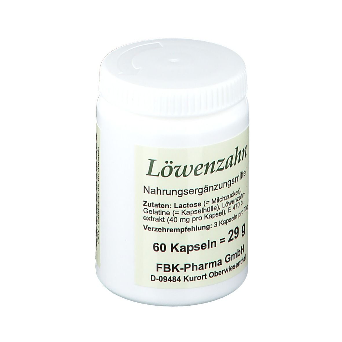 Weiße Pillendose 'Löwenzahn'. 60 Kapseln, 29 g. Zutatenliste und Verzehrempfehlung. FBK-Pharma GmbH. D-09484 Kurort Oberwiesenthal.