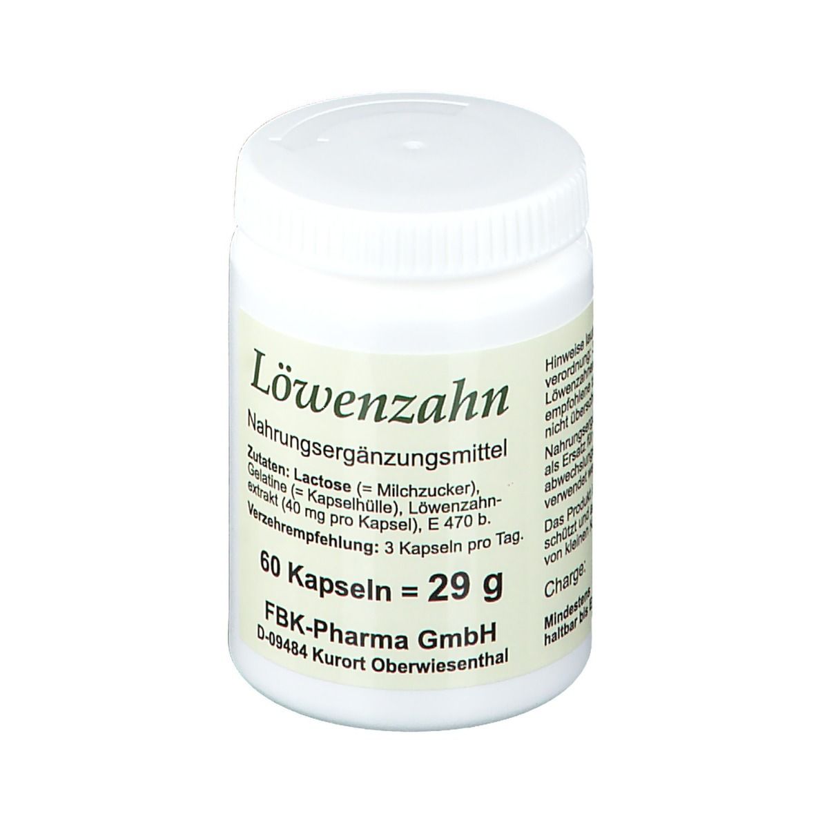 Weiße Pillendose 'Löwenzahn'. 60 Kapseln, 29 g. Zutatenliste und Verzehrempfehlung. FBK-Pharma GmbH. D-09484 Kurort Oberwiesenthal.