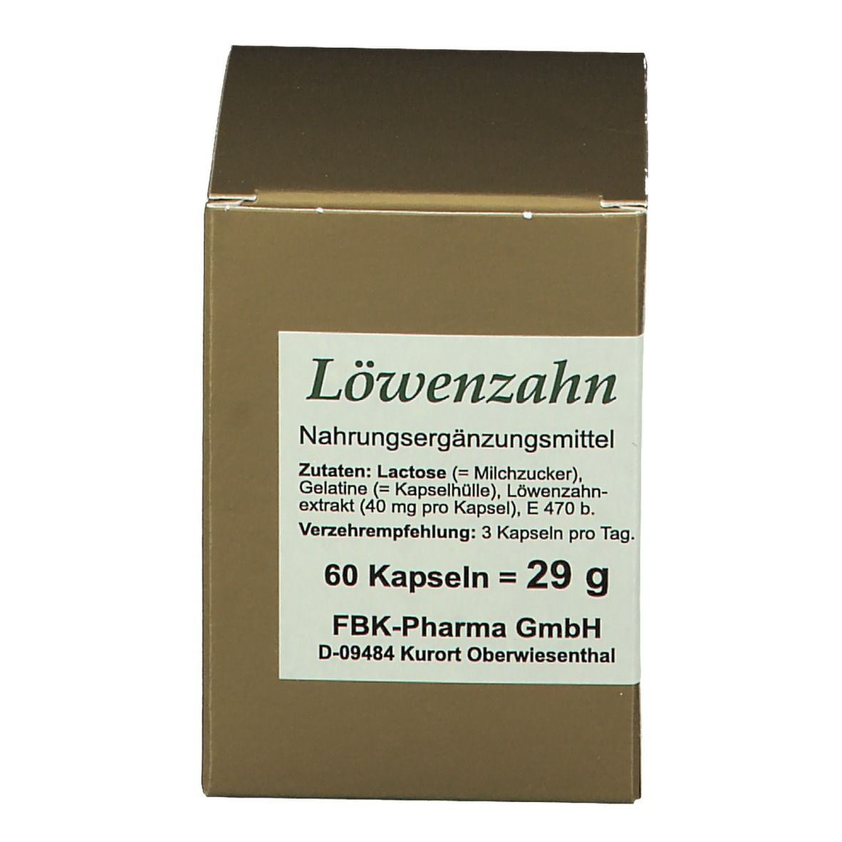 Braune Produktverpackung 'Löwenzahn'. Produktinformationen: 60 Kapseln, 29 g. Zutatenliste und Verzehrempfehlung. FBK-Pharma GmbH.