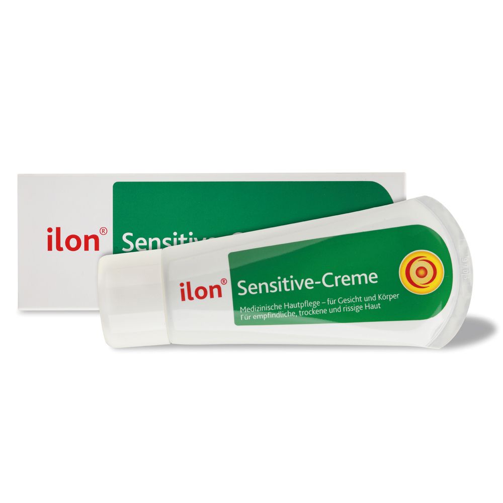 Tube et boîte blanches avec bande verte. Inscription : ilon Sensitive-Creme. Soin médical de la peau.