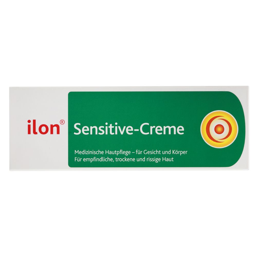 Boîte blanche avec bande verte. Inscription : ilon Sensitive-Creme. Soin médical pour le visage et le corps.