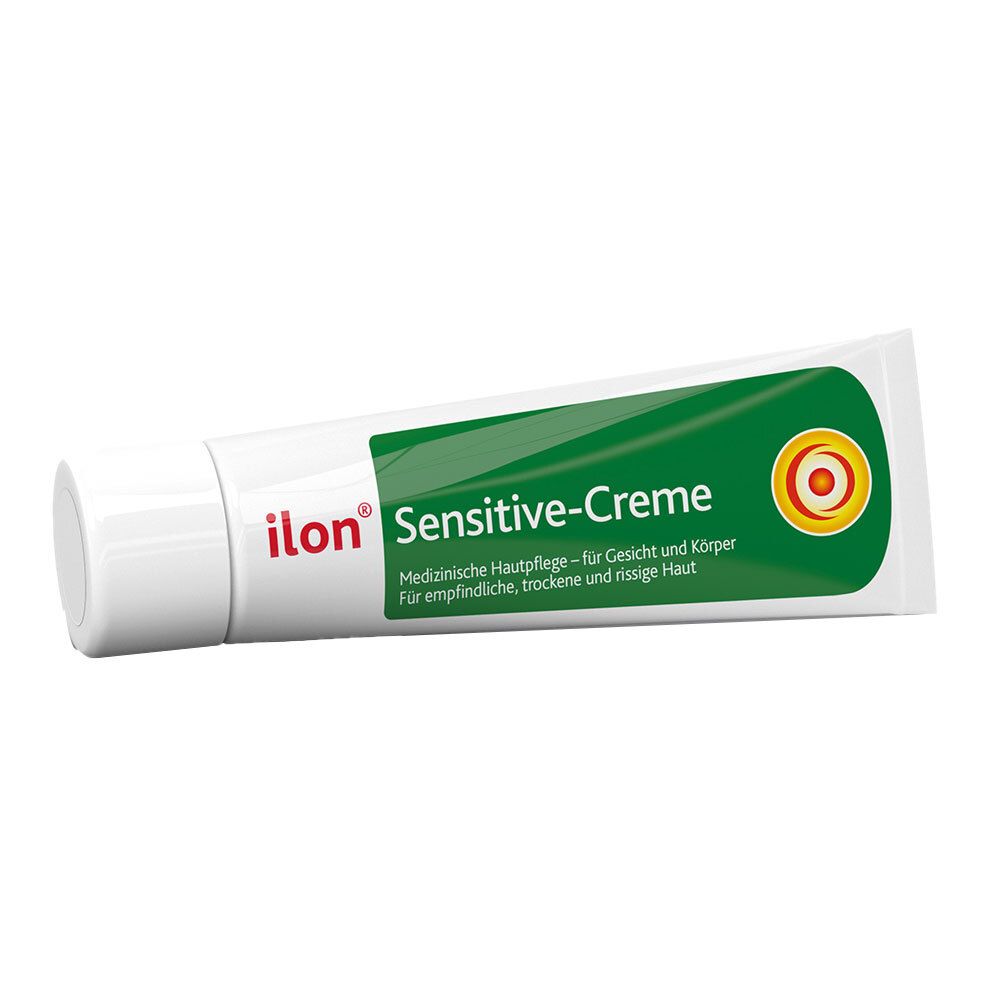 Tube blanc avec bande verte. Inscription : ilon Sensitive-Creme. Soin médical pour le visage et le corps.