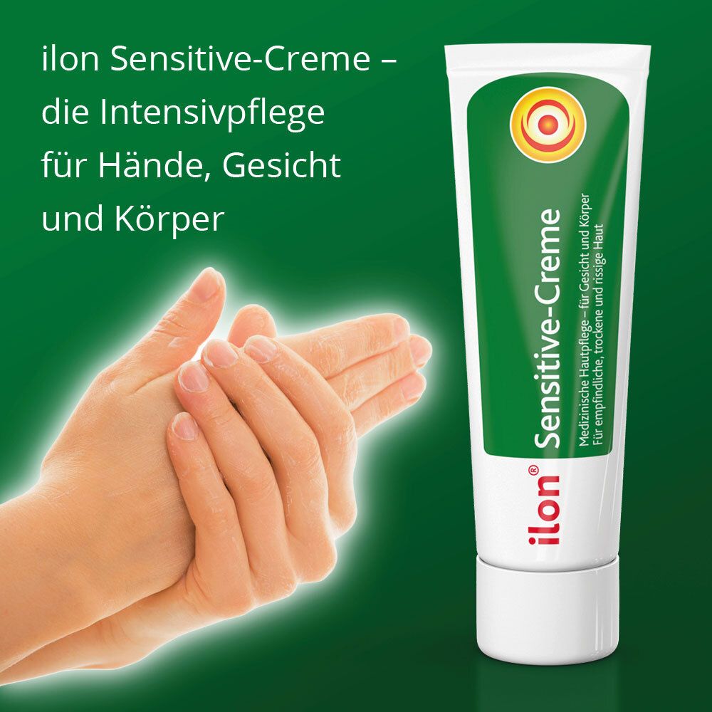 Mains, tube de crème et texte. ilon Sensitive-Creme. Soin intensif pour les mains, le visage et le corps.