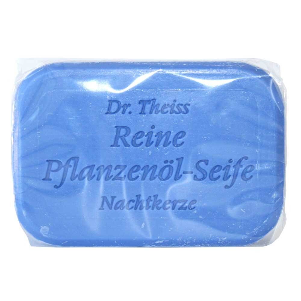 Savon bleu emballé. Inscription: Dr. Theiss Reine Pflanzenöl-Seife Nachtkerze.