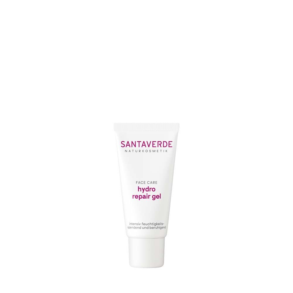 Tube blanche avec logo SANTAVERDE et nom du produit. Inscription : FACE CARE hydro repair gel.