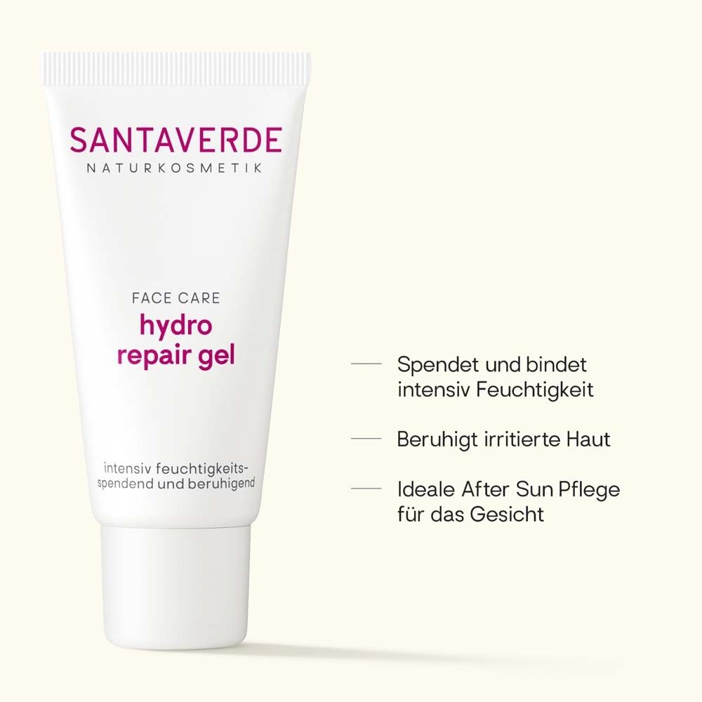 Tube blanc avec logo SANTAVERDE et nom du produit. Texte : Hydrate, apaise la peau.