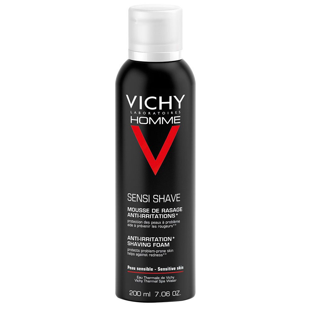 Flacon noir avec bouchon blanc. Inscription: VICHY Homme, Sensi Shave. Anti-irritations. Peau sensible.