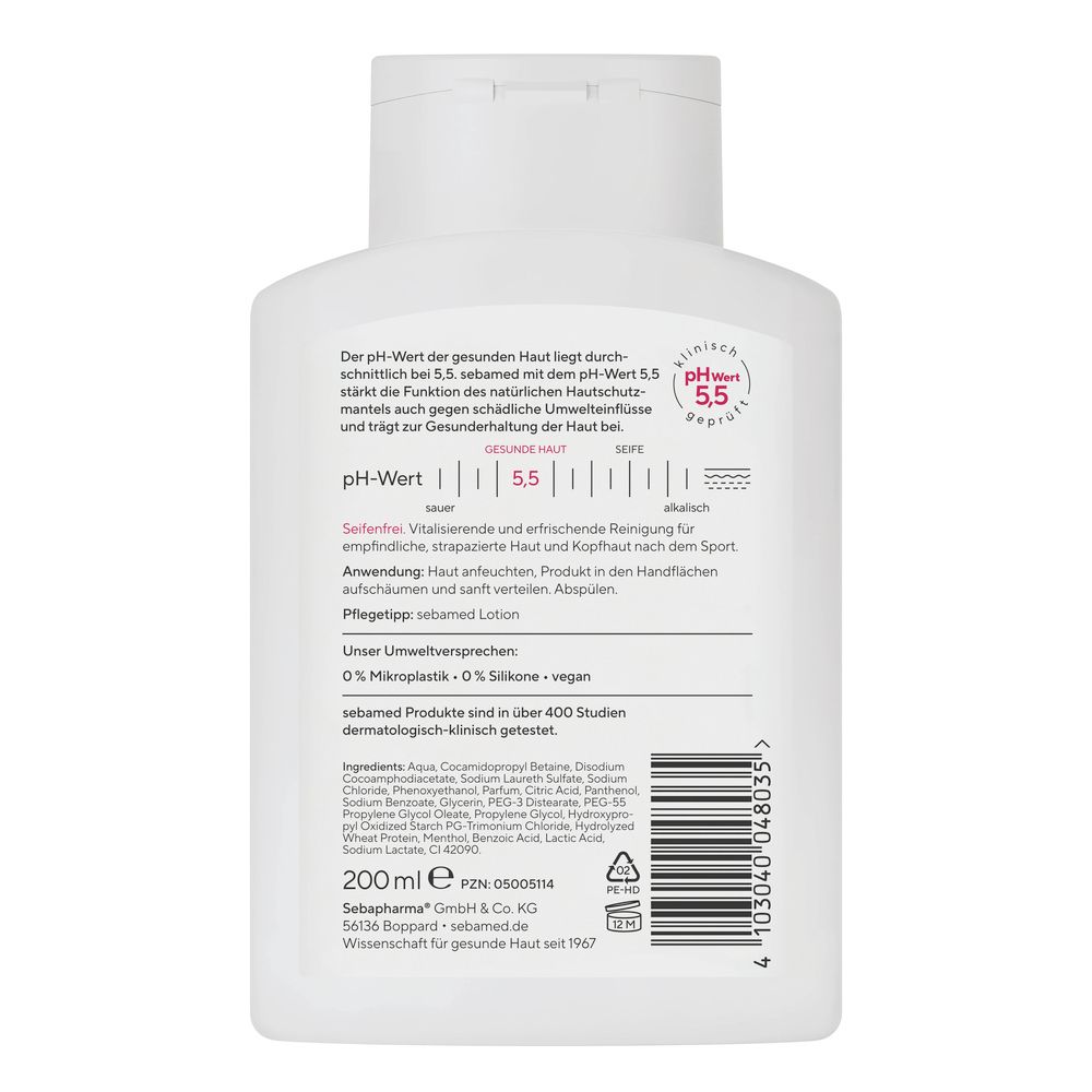 Dos d'un flacon blanc. Texte: sebamed. Contient des informations sur le pH 5,5 et les ingrédients. 200 ml.