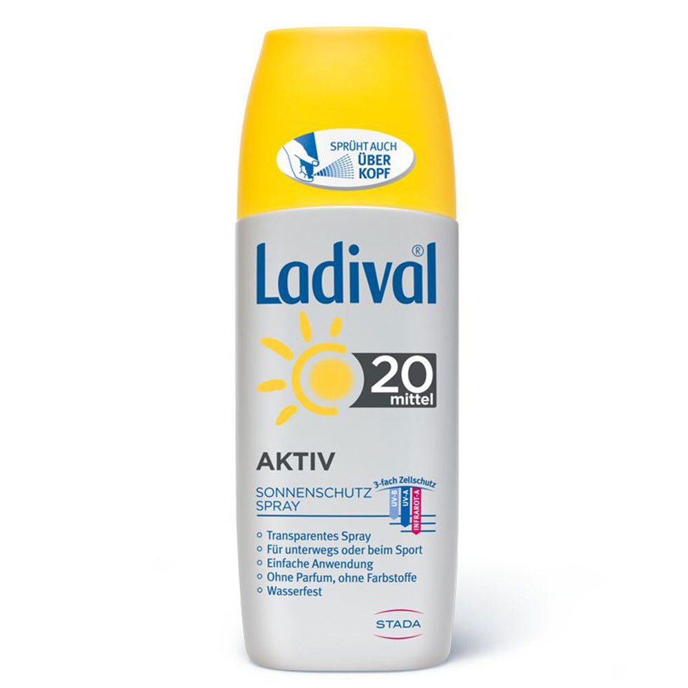 Ladival Aktiv Sonnenschutzspray LSF 20. Sprayflasche mit gelbem Deckel. Sonnenschutzmittel mit 20 mittel.