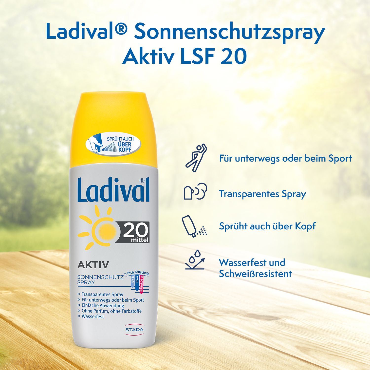 Ladival Sonnenschutzspray Aktiv LSF 20. Sprayflasche mit gelbem Deckel. Für unterwegs oder beim Sport. Wasserfest.