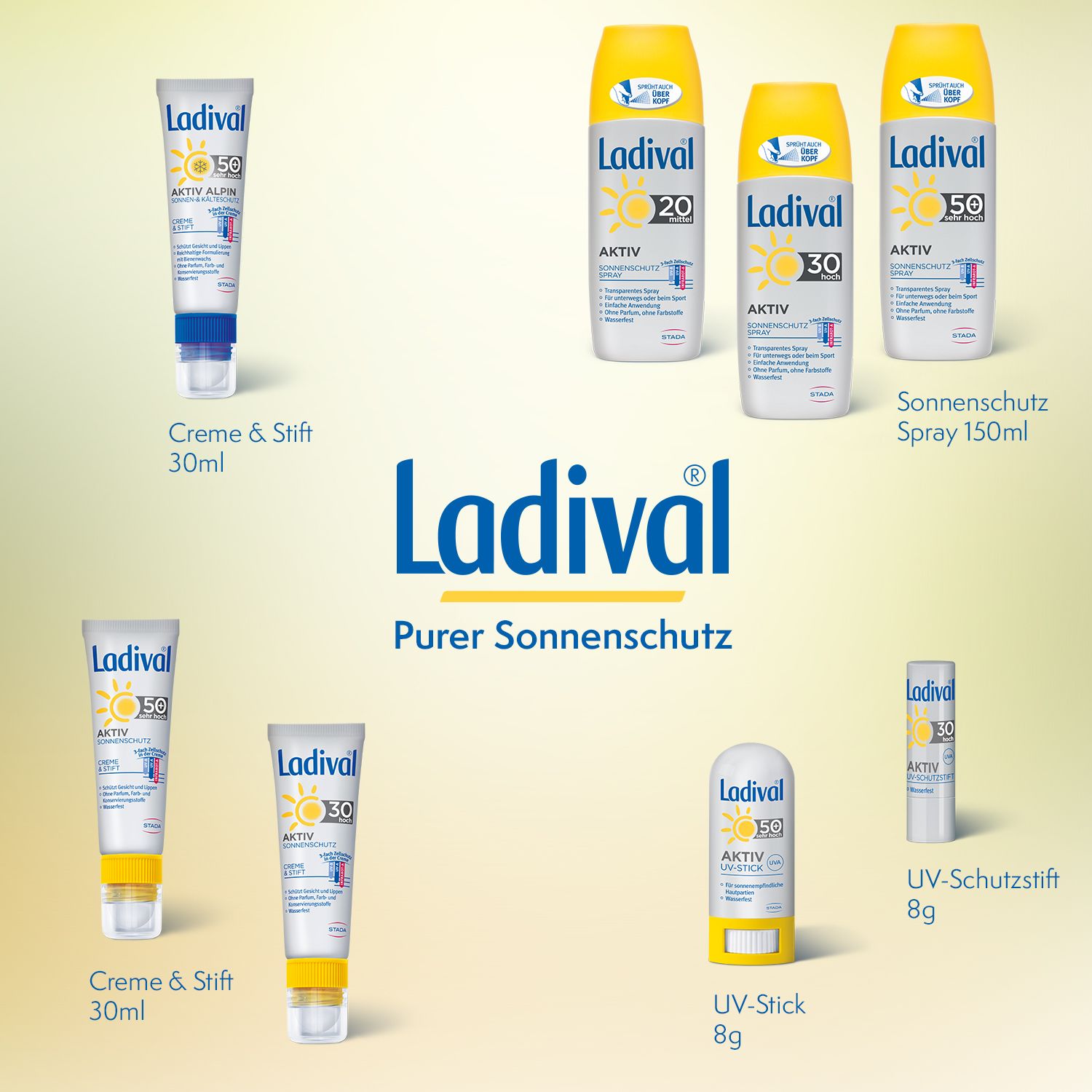 Ladival Sonnenschutzprodukte. Verschiedene Produkte: Spray, Creme, UV-Stick. Verpackungen mit Produktinformationen.