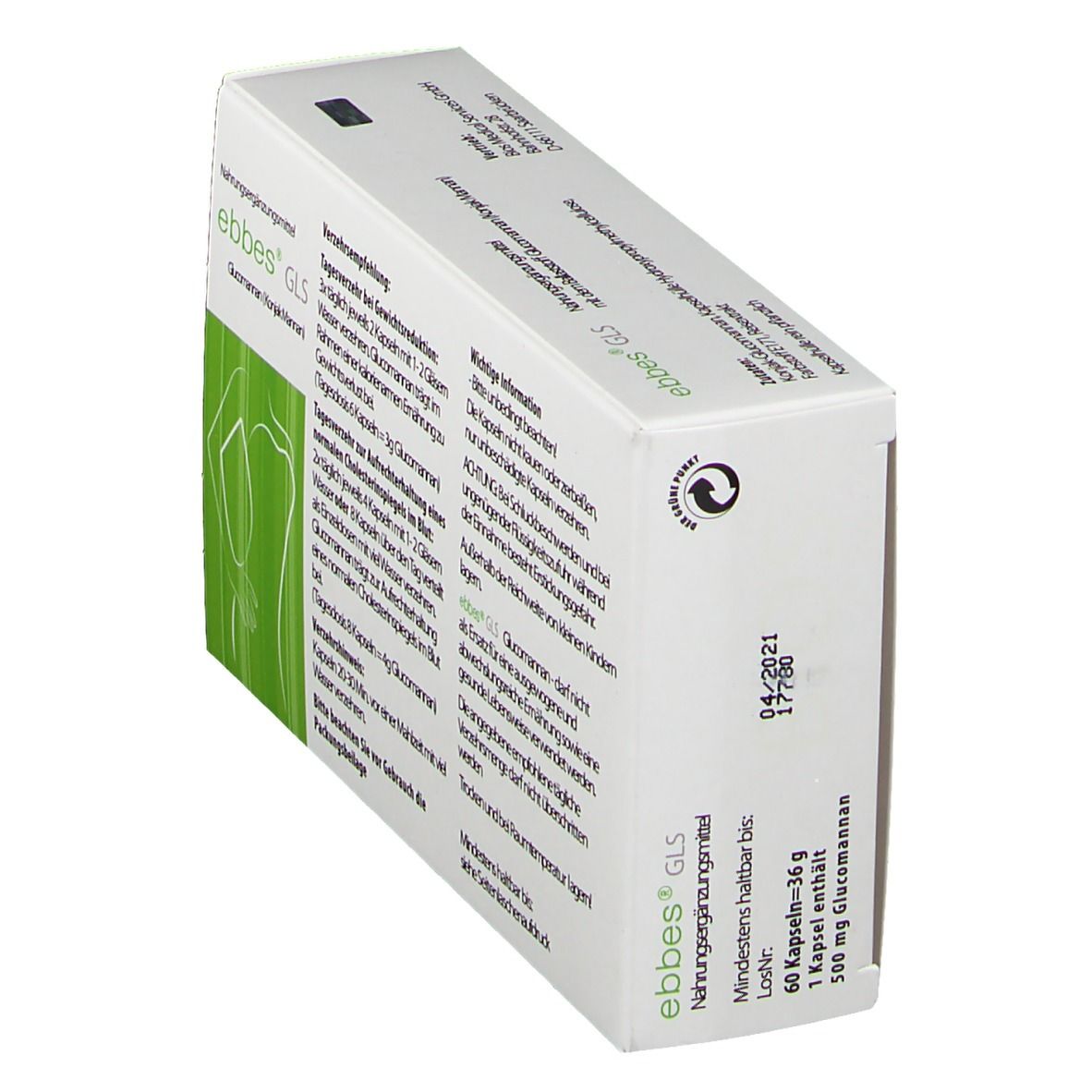 Schräg gestellte weiße Schachtel mit "ebbes GLS"-Logo. Text: Mindestens haltbar bis, 60 Kapseln, 500 mg Glucomannan.