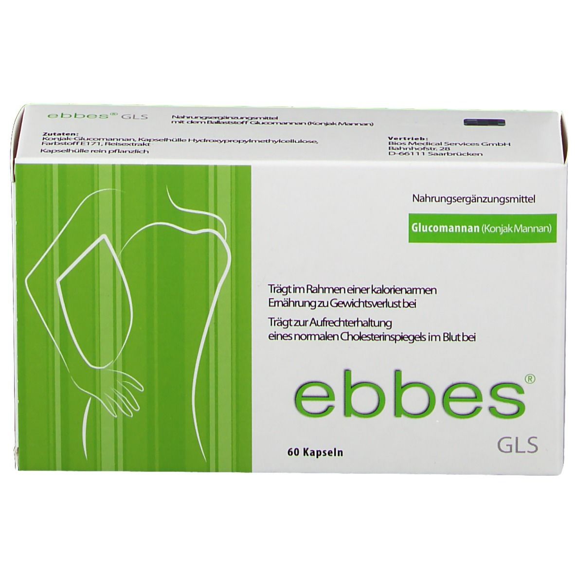 Weiße Schachtel mit "ebbes GLS"-Logo und grüner Illustration. Enthält 60 Kapseln. Text: Nahrungsergänzungsmittel, Glucomannan.