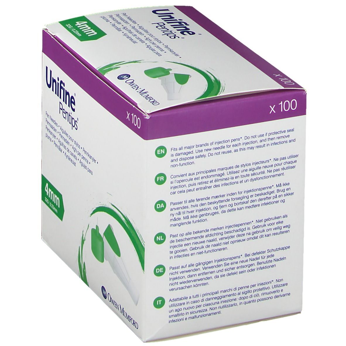 Verpackung von Unifine Pentips. 4mm Nadeln, 100 Stück. Hersteller: Owen Mumford. Text in mehreren Sprachen.