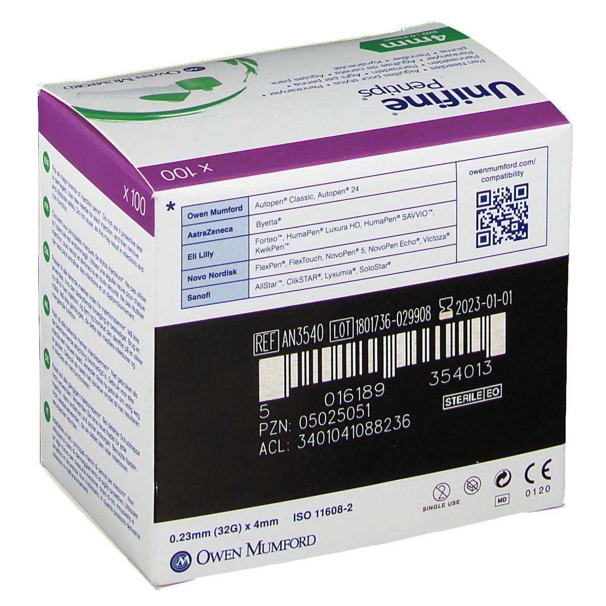 Rückseite der Verpackung von Unifine Pentips. 4mm Nadeln, 100 Stück. Hersteller: Owen Mumford. Barcode und QR-Code.