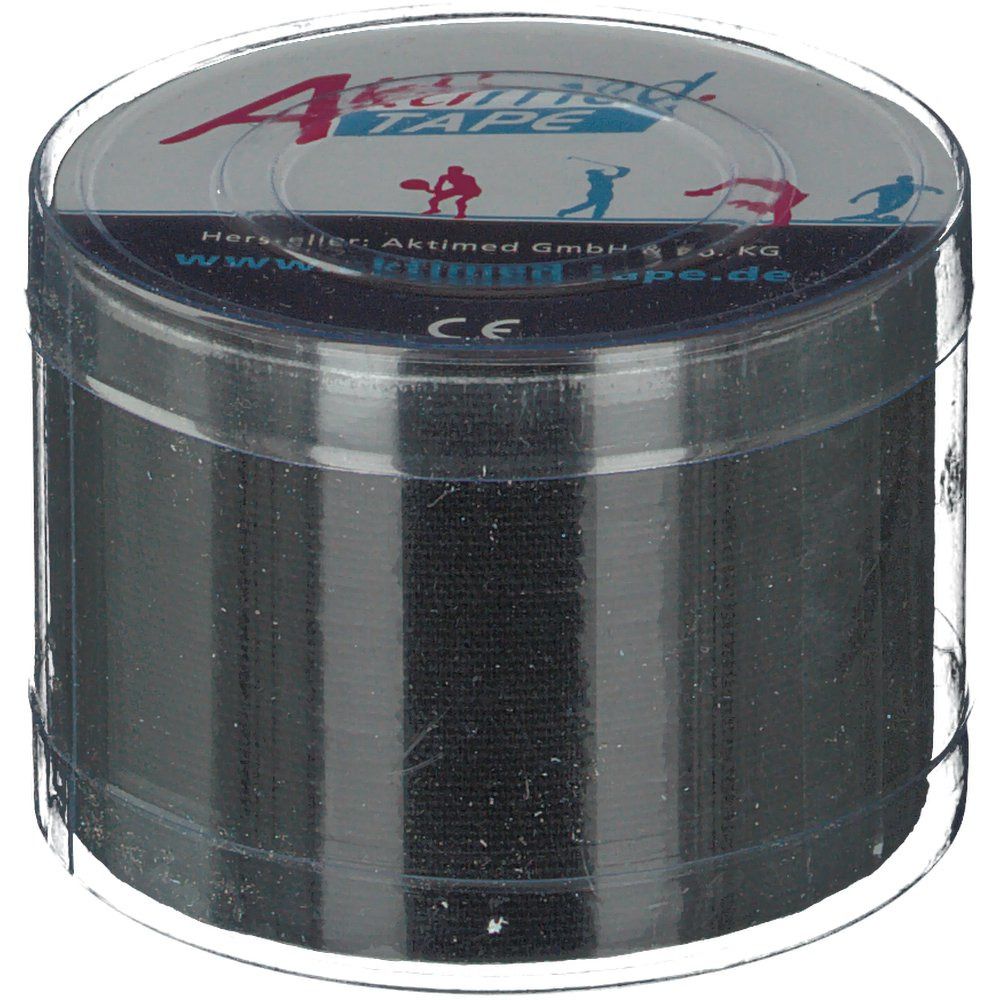 Ruban adhésif noir dans un emballage rond transparent. Le couvercle porte Aktimed TAPE et le marquage CE.