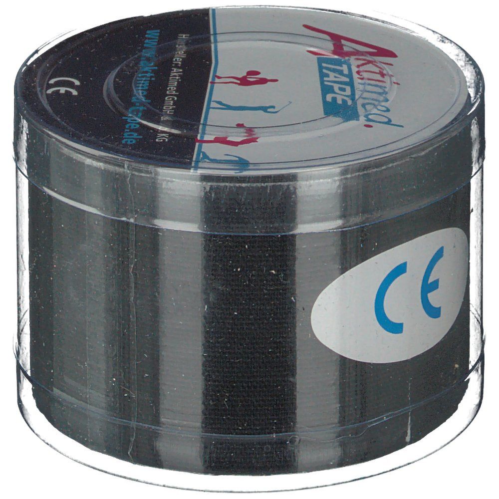 Ruban adhésif noir dans un emballage rond transparent. Le couvercle porte Aktimed TAPE et le marquage CE.