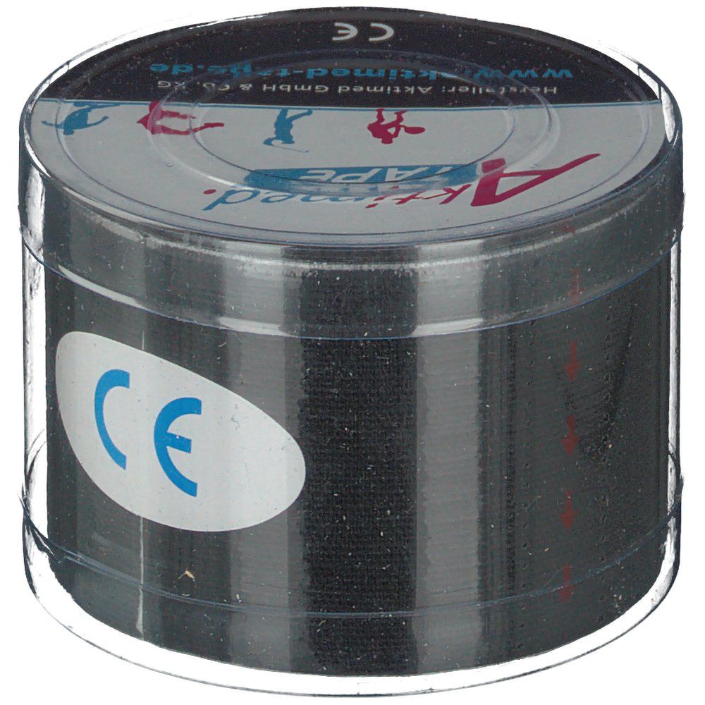 Ruban adhésif noir dans un emballage rond transparent. Le couvercle porte Aktimed TAPE et le marquage CE.