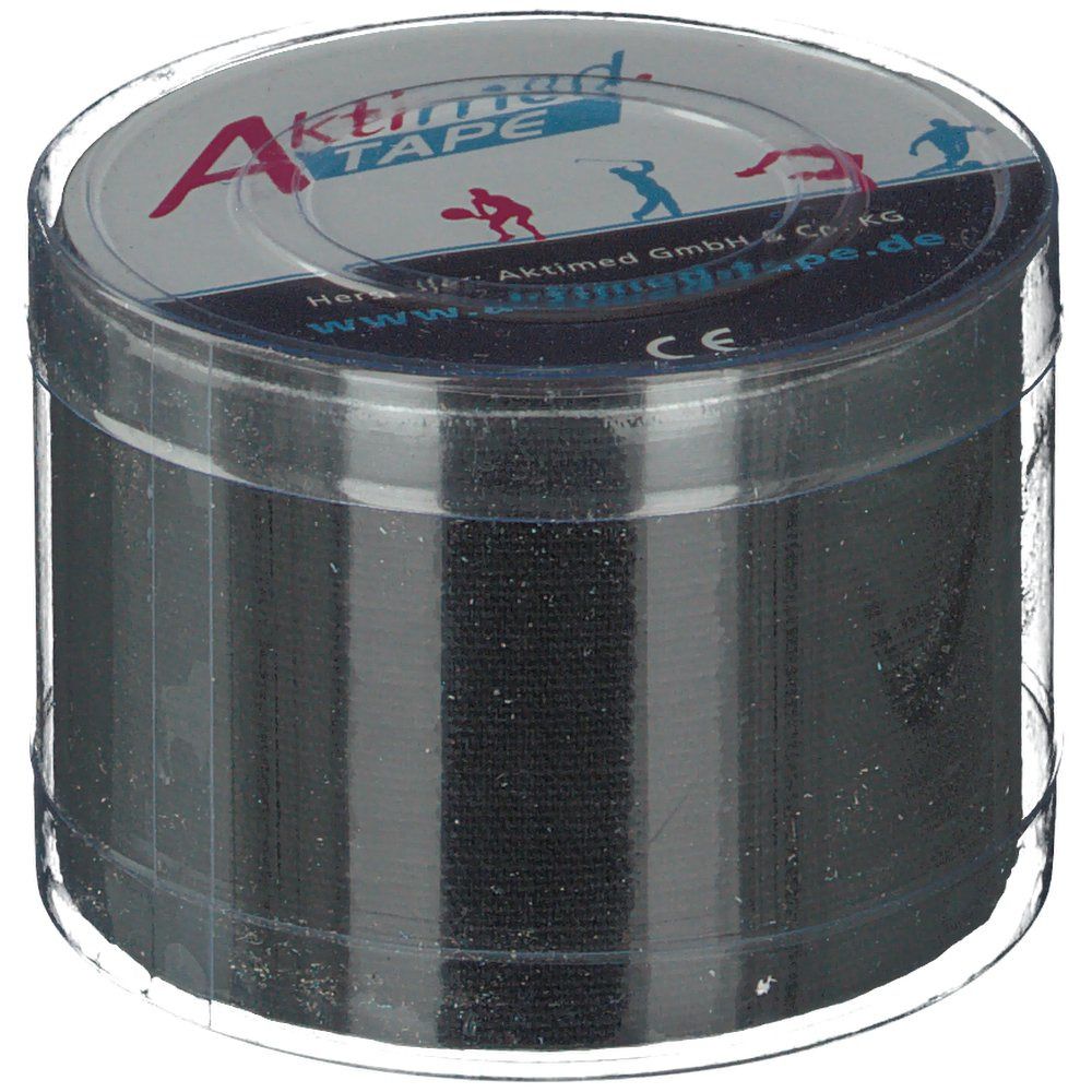 Ruban adhésif noir dans un emballage rond transparent. Le couvercle porte Aktimed TAPE et le marquage CE.