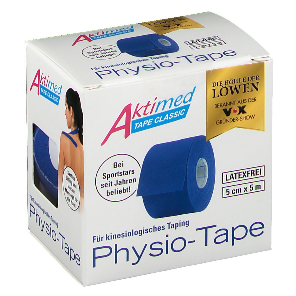 Verpackung von Aktimed TAPE Classic dunkelblau. Rolle blaues Tape, 5cm x 5m. Aufdruck: Latexfrei. Bekannt aus "Die Höhle der Löwen".