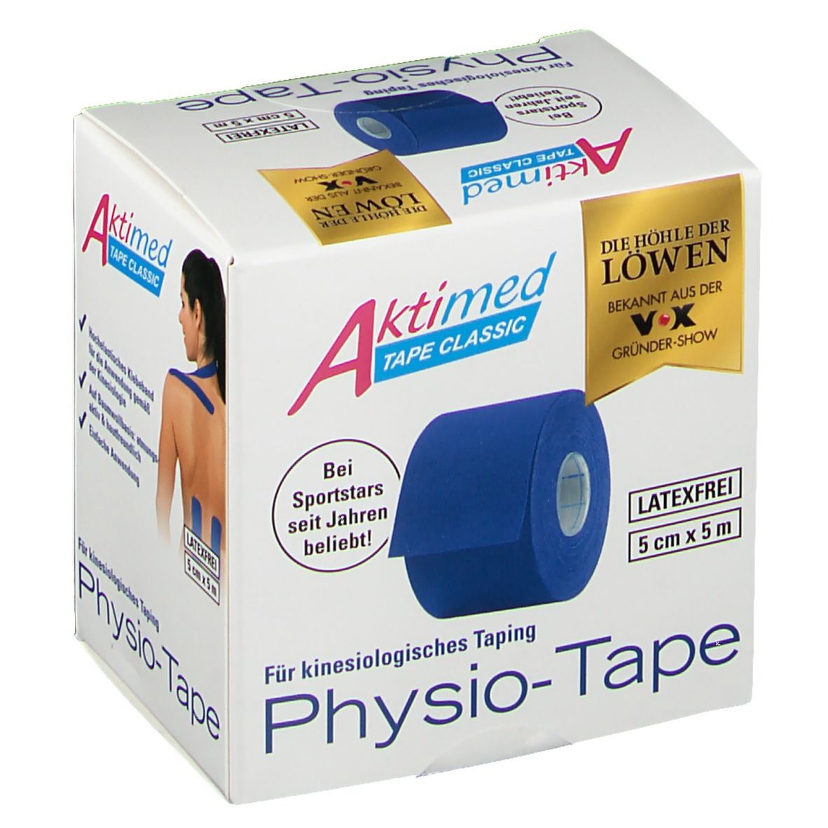 Verpackung von Aktimed TAPE Classic dunkelblau. Rolle blaues Tape, 5cm x 5m. Aufdruck: Latexfrei. Bekannt aus "Die Höhle der Löwen".
