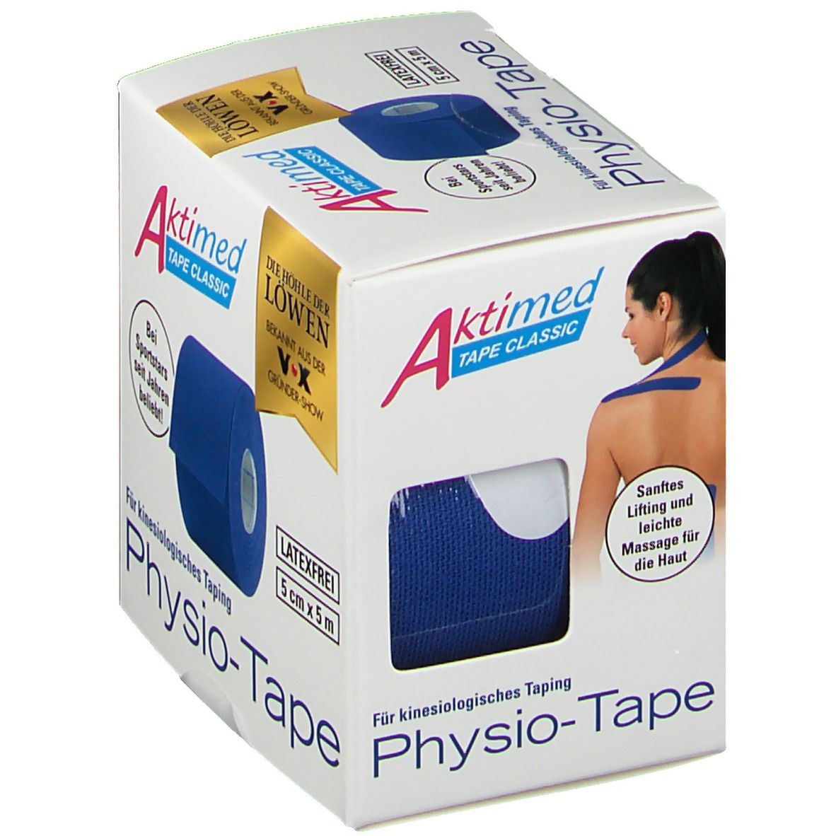 Verpackung von Aktimed TAPE Classic dunkelblau. Rolle blaues Tape, 5cm x 5m. Aufdruck: Latexfrei. Bekannt aus "Die Höhle der Löwen".