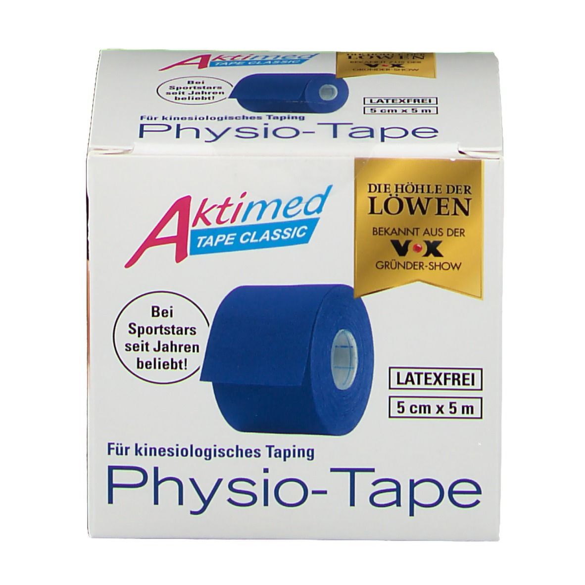 Verpackung von Aktimed TAPE Classic dunkelblau. Rolle blaues Tape, 5cm x 5m. Aufdruck: Latexfrei. Bekannt aus "Die Höhle der Löwen".