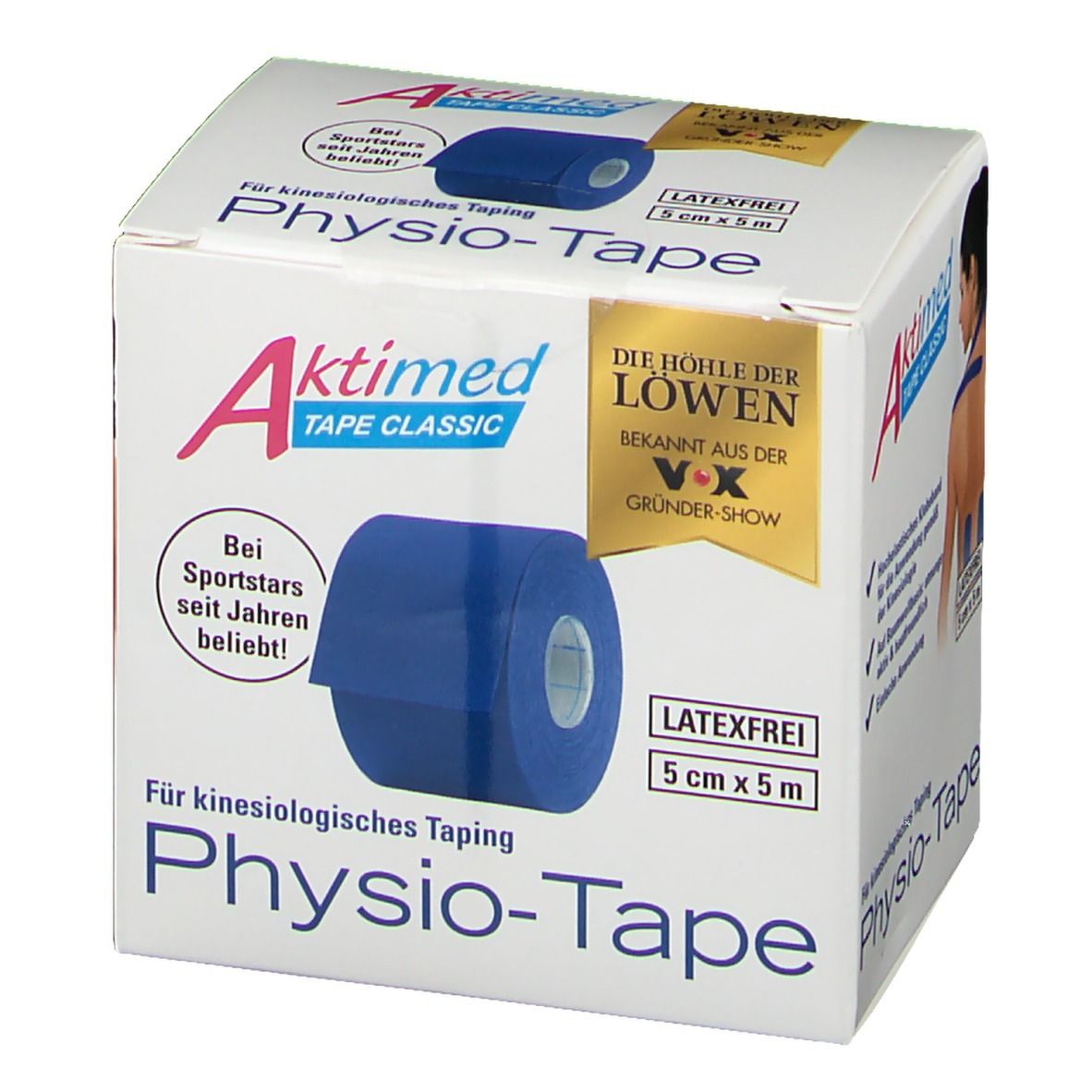 Verpackung von Aktimed TAPE Classic dunkelblau. Rolle blaues Tape, 5cm x 5m. Aufdruck: Latexfrei. Bekannt aus "Die Höhle der Löwen".
