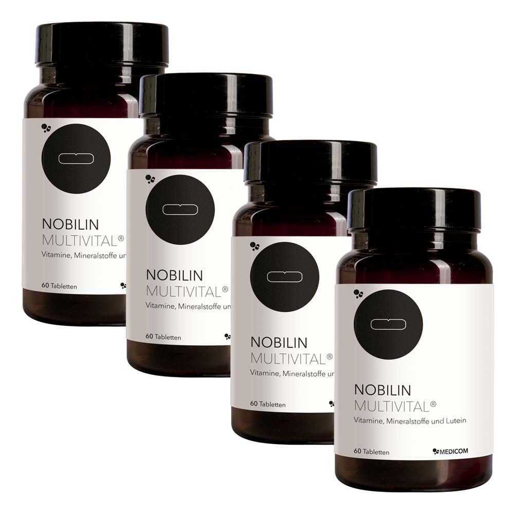 Quatre flacons de Nobilin Multivital. Flacons bruns avec bouchons noirs et étiquettes blanches. Inscription: Nobilin Multivital.