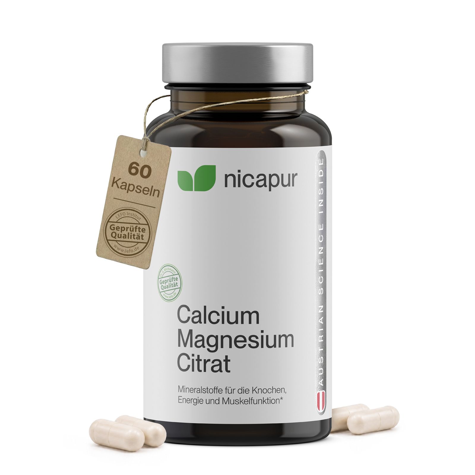 Bouteille Nicapur Calcium Magnésium Citrate avec étiquette '60 gélules' et deux gélules à côté.