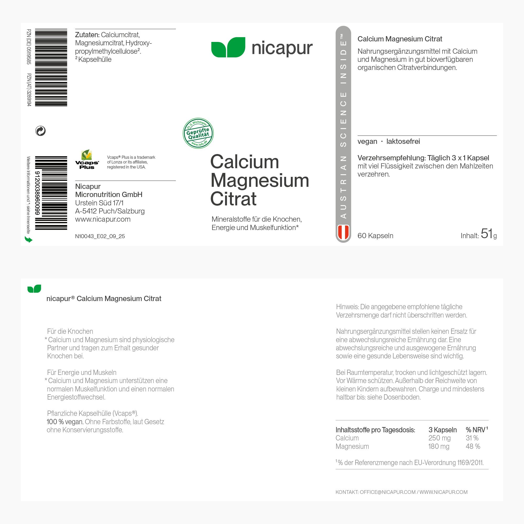 Étiquette de Nicapur Calcium Magnésium Citrate avec ingrédients et informations nutritionnelles.