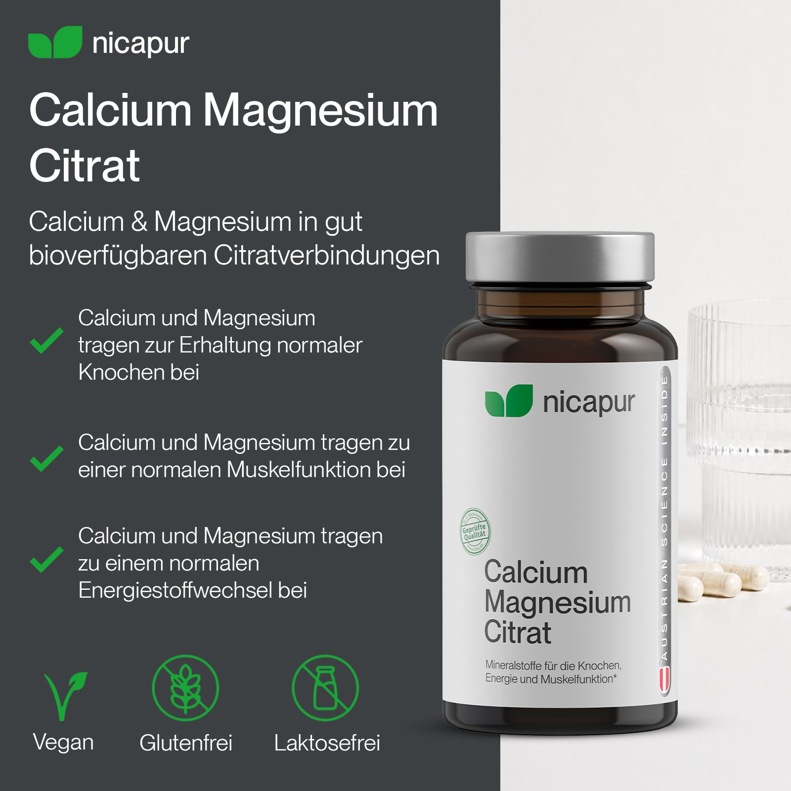 Bouteille Nicapur Calcium Magnésium Citrate avec liste des avantages et sceaux.
