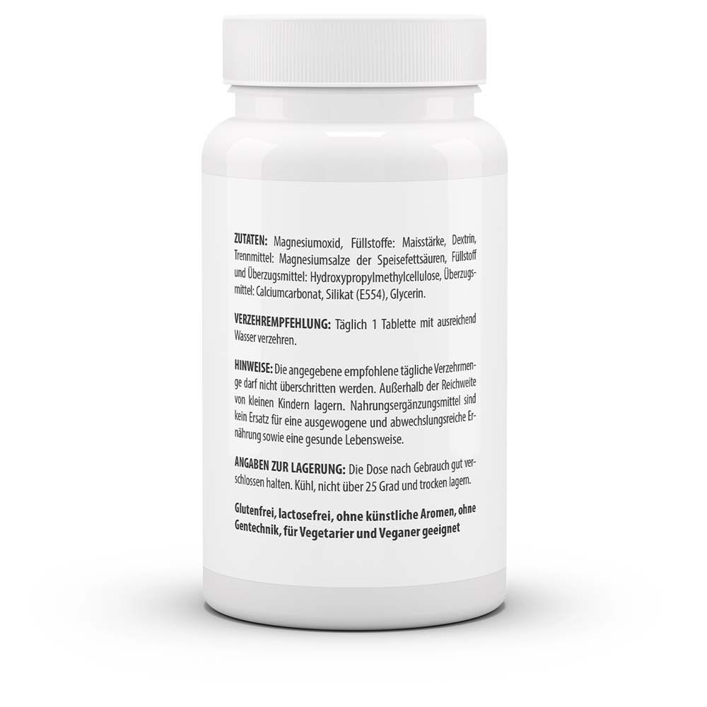 Rückseite der weißen Flasche. Auflistung der Inhaltsstoffe, Verzehrempfehlung, Hinweise zur Lagerung. Für Veganer geeignet.