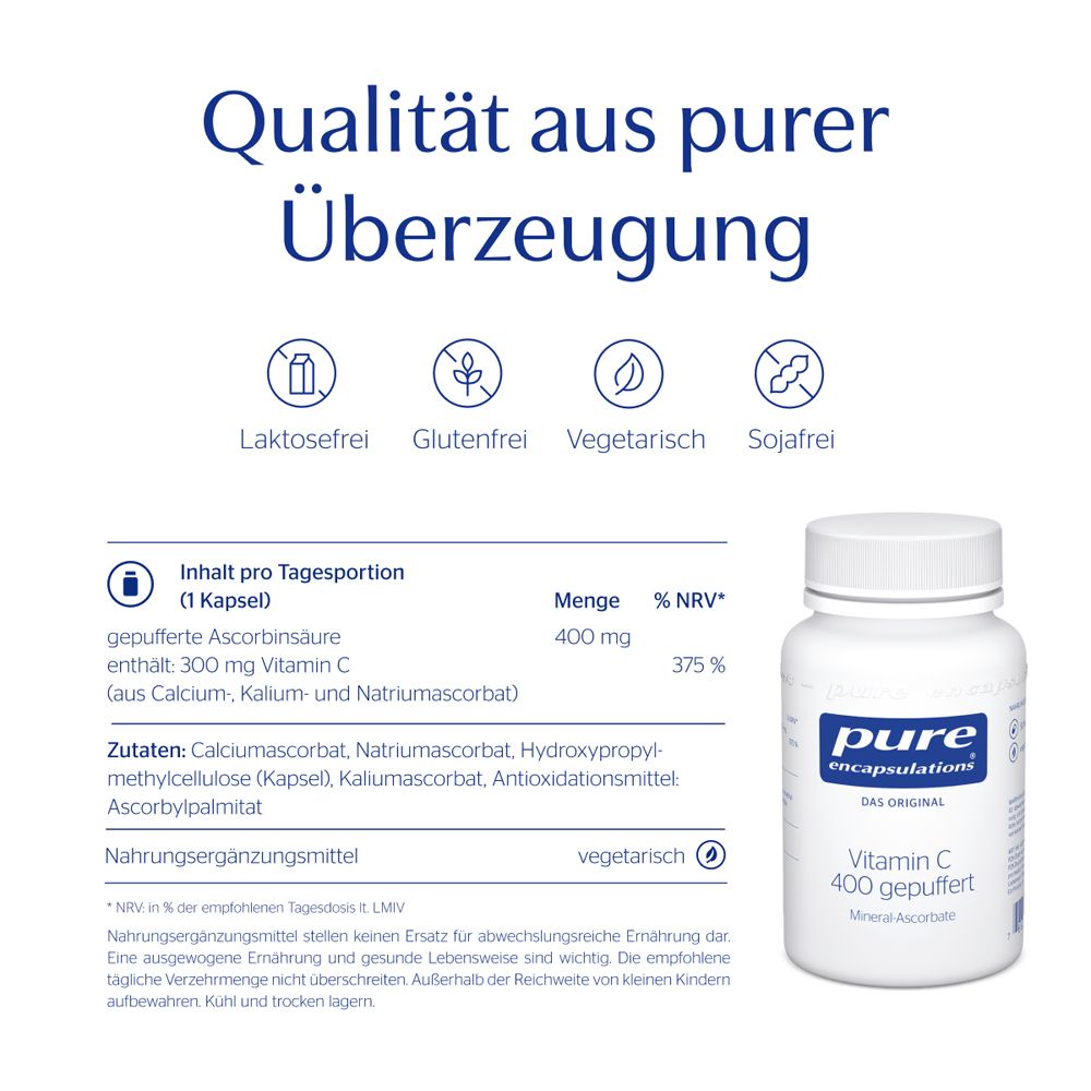 Text: Qualität aus purer Überzeugung. Abbildung: Vitamin C 400 gepuffert, vegetarisch, laktosefrei, glutenfrei, sojafrei.