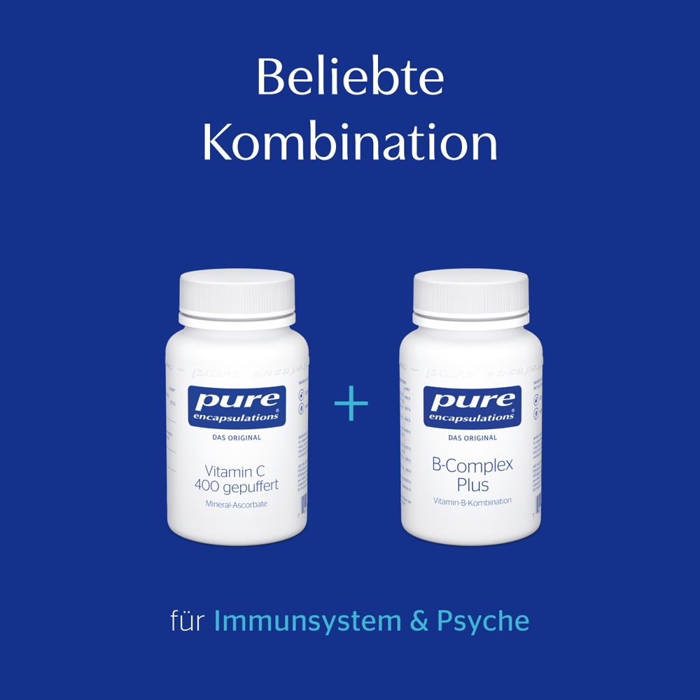 Zwei Flaschen: Vitamin C 400 gepuffert und B-Complex Plus. Text: für Immunsystem & Psyche.