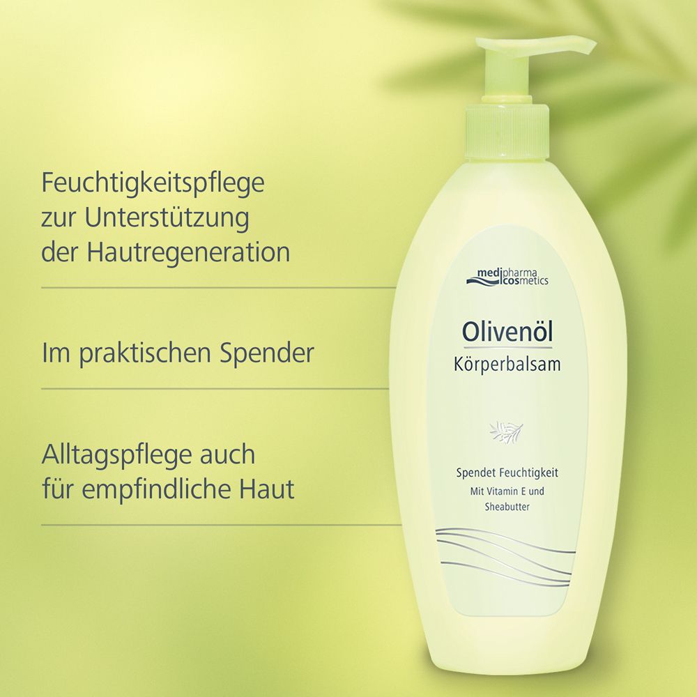 Flacon de baume pour le corps avec distributeur vert. Texte : Soin hydratant, dans un distributeur pratique, soin quotidien. Inscription : Olivenöl Körper-Balsam.