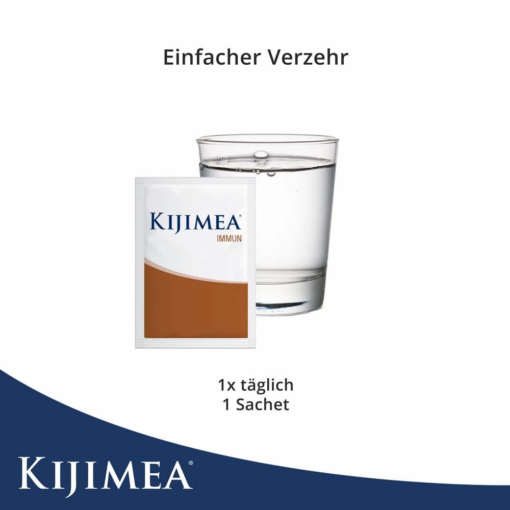 Sachet Kijimea Immun neben Glas Wasser. Text: 1x täglich, 1 Sachet.