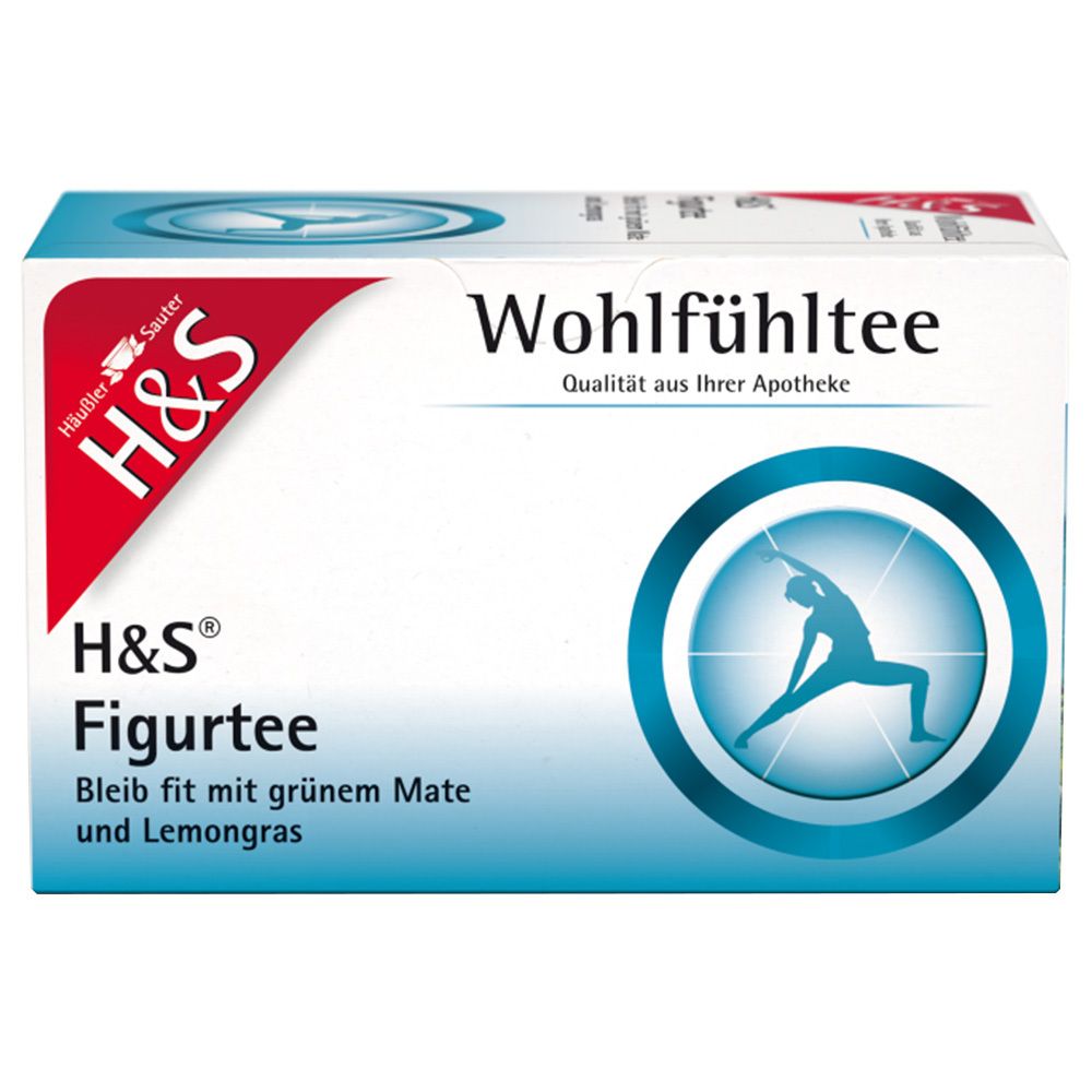 Karton mit H&S Figurtee. Text: Wohlfühlttee, Figurtee, Bleib fit mit grünem Mate und Lemongras. Logo: Person in Yoga-Pose.