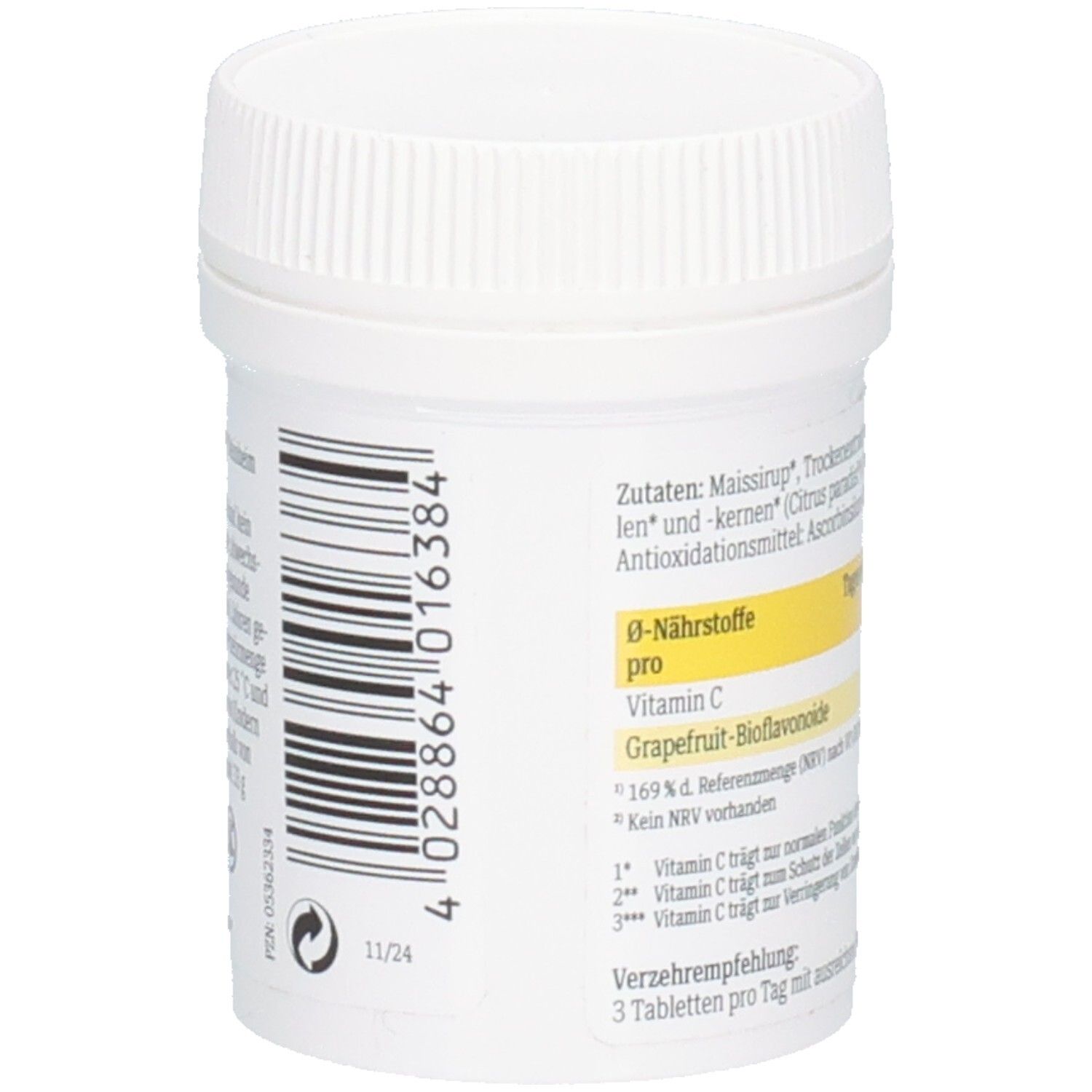 Weißes Tabletten-Behältnis mit Deckel. Barcode und Text. Aufschrift: Bio-Grapefruitkern-Extrakt. Inhalt: 100 Tabletten.